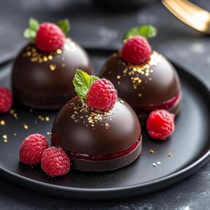 Op de afbeelding: Drie chocoladekoepels bedekt met frambozen en bladgoud op een zwart bord.