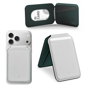 May include: A selection of leather wallets and a phone case with a card holder. The wallets are dark green and open to reveal card slots. One wallet displays an ID card. The phone case is white with a card holder.