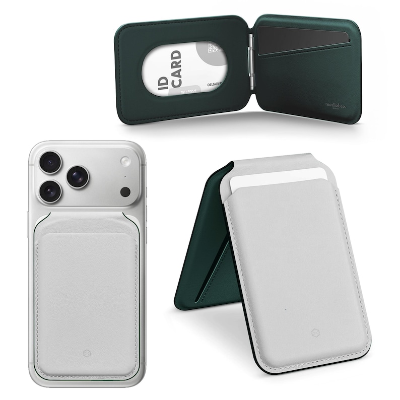 May include: A selection of leather wallets and a phone case with a card holder. The wallets are dark green and open to reveal card slots. One wallet displays an ID card. The phone case is white with a card holder.