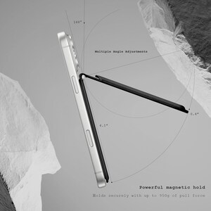 May include: A silver phone with a black magnetic stand, angled at 160 degrees, and measuring 10.4 cm. The stand is 1 cm wide and has multiple angle adjustments. The text reads "Powerful magnetic hold" and "Holds securely with up to 950g of pull force."