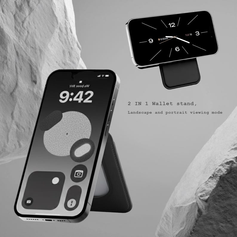 Peut inclure: Smartphone noir avec un affichage d'horloge, pos&eacute; sur un support de portefeuille noir. L'heure affich&eacute;e sur le t&eacute;l&eacute;phone est 9h42. Le support est con&ccedil;u pour les modes paysage et portrait. Le texte "2 IN 1 Wallet stand" est visible.