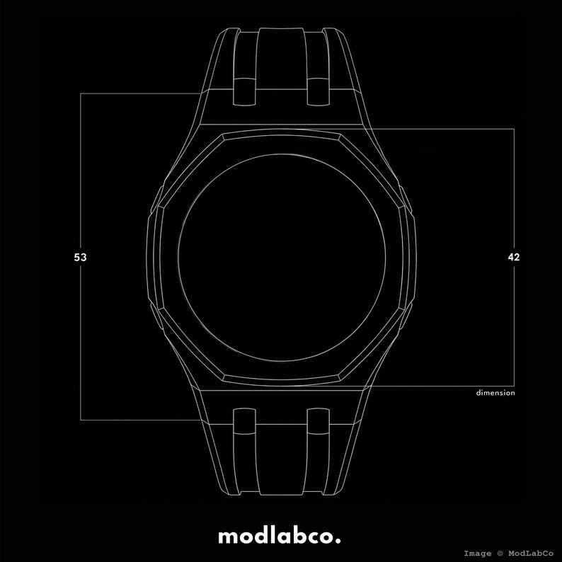 May include: A white line drawing of a watch on a black background. The watch dimensions are 53mm x 42mm. The text "dimension" is next to the 42mm measurement. The brand name "modlabco." is at the bottom.