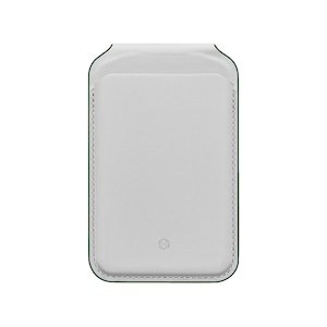 May include: A white leather phone case with a green trim. The case features a rectangular pocket on the front and a small logo at the bottom. The edges are stitched with white thread.