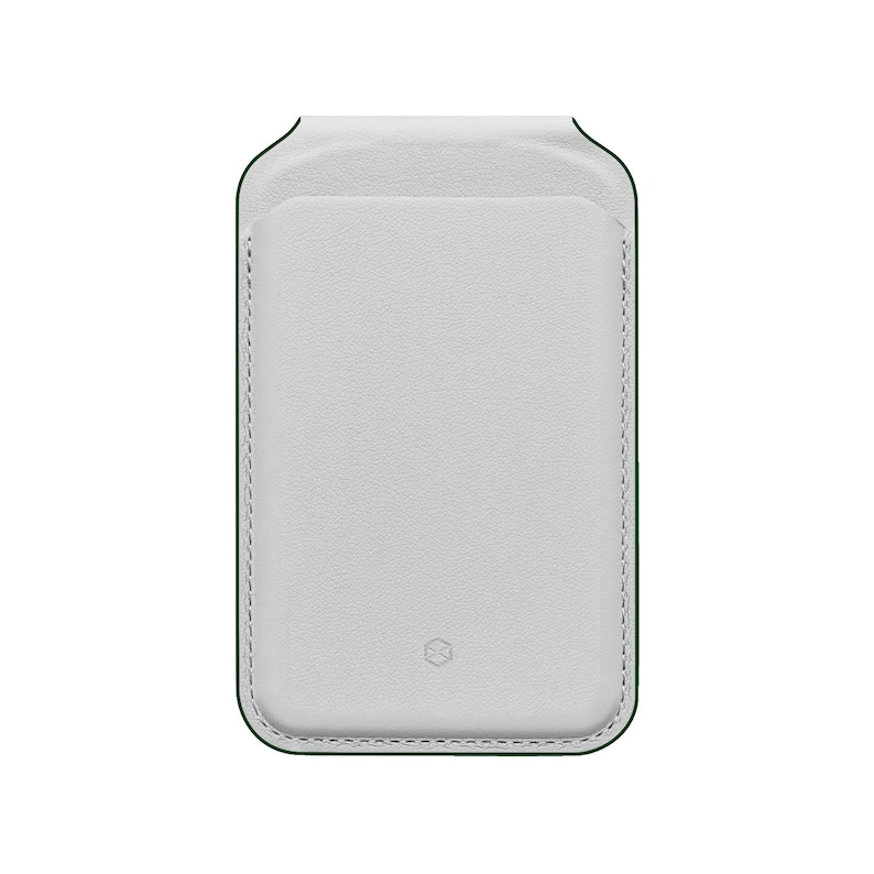 May include: A white leather phone case with a green trim. The case features a rectangular pocket on the front and a small logo at the bottom. The edges are stitched with white thread.