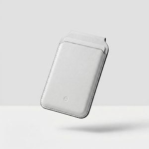 May include: A white leather phone sleeve with black edging. The sleeve features a card pocket and a small logo. The design is minimalist and modern, suitable for carrying a phone and cards.