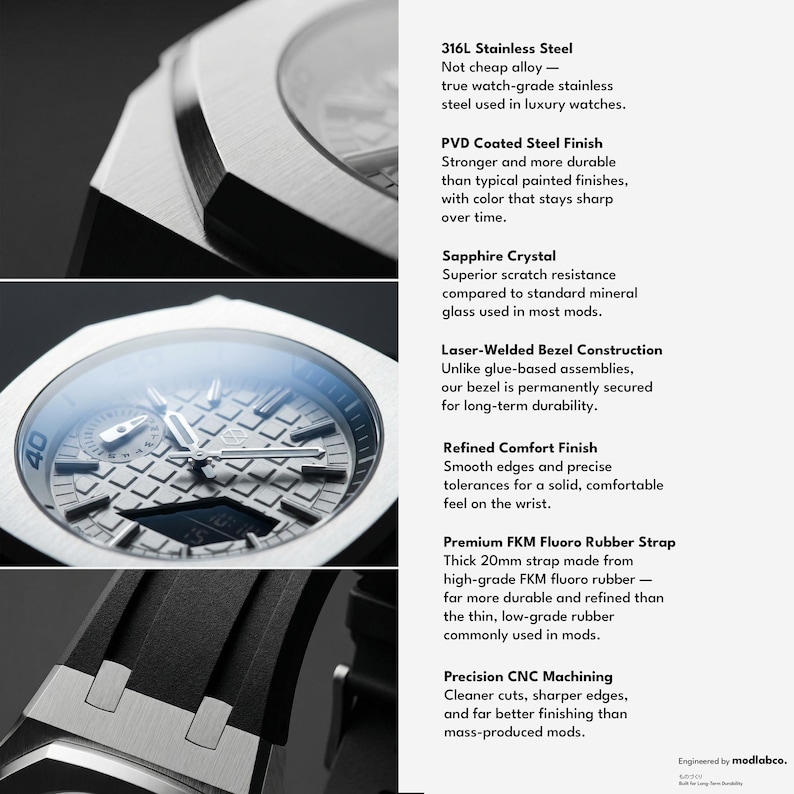 May include: Close-up shots of a luxury watch. The watch features a silver stainless steel case, a textured silver dial, and a black rubber strap. The image highlights the watch's features, including its sapphire crystal and laser-welded bezel.