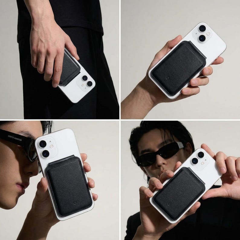 Peut inclure: Un smartphone blanc avec un &eacute;tui portefeuille en cuir noir. Le portefeuille porte un petit logo circulaire. Le t&eacute;l&eacute;phone est tenu dans diff&eacute;rentes mains sur un fond neutre. Le t&eacute;l&eacute;phone a un appareil photo &agrave; double objectif.