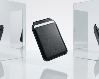 Personalized MagSafe Wallet, Black Vegan Leather Card Holder, Engraved in Detroit