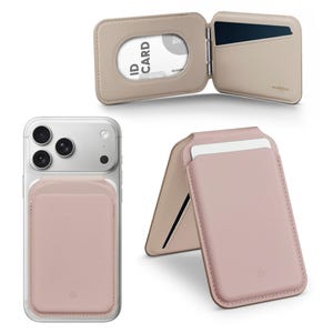 Puede incluir: Una colecci&oacute;n de tarjeteros y carteras para tel&eacute;fono de cuero en tonos beige y rosa. Un tarjetero est&aacute; abierto, mostrando una tarjeta de identificaci&oacute;n. Otro est&aacute; adherido a un tel&eacute;fono. Las carteras est&aacute;n dise&ntilde;adas para guardar tarjetas y efectivo.