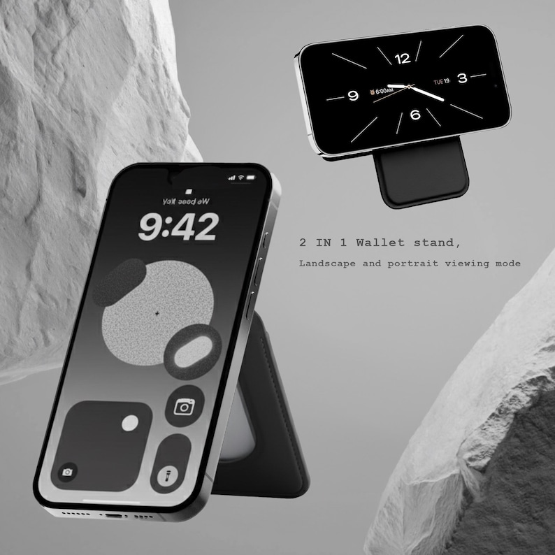May include: Black smartphone with a clock display, resting on a black wallet stand. The phone shows the time as 9:42. The stand is designed for landscape and portrait viewing modes. The text "2 IN 1 Wallet stand" is visible.