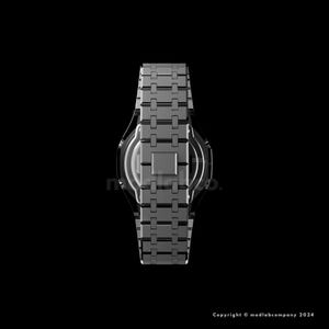 May include: A modern, silver-toned wristwatch with a rectangular face and a linked band. The watch is set against a black background, highlighting its sleek design. The band is composed of small, rectangular links.