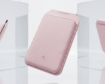 Personalized MagSafe Wallet, Pink Vegan Leather Card Holder, Engraved in Detroit