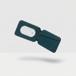 May include: An open teal leather wallet with a white interior and a small black zip. The wallet has a rectangular shape with a rounded opening on the left side. White stitching outlines the edges.