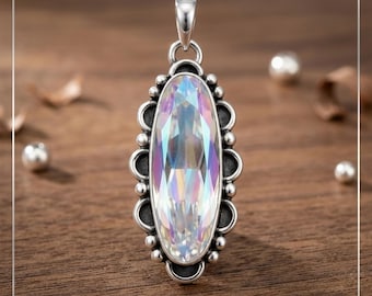 Angel Aura Crystal Pendant Necklace, Sterling Silver Boho Pendant, Iridescent Marquise Crystal Necklace Healing Crystal Jewelry Gift for Her
