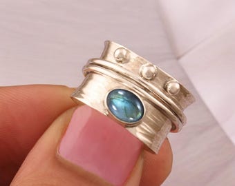 Labradoriet spinnerring, sterlingzilveren spinnerring, helende kristallen fidgetring, boho-sieraden, meditatiering, uniek cadeau voor haar