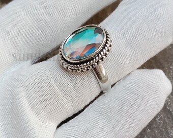 Oval Angel Aura Quartz Ring: Handmade 925 Sterling Silver Jewelry