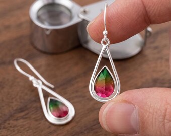 Watermelon Tourmaline Teardrop Dangle Earrings, 925 Sterling Silver, October Birthstone