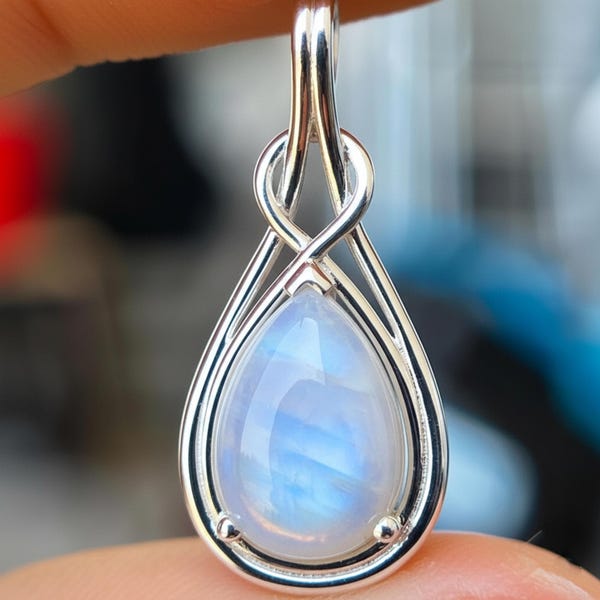 Moonstone Teardrop Pendant • Sterling Silver Celtic Necklace, Handmade