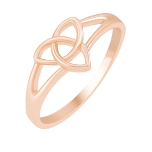May include: A rose gold ring featuring a Celtic knot design. The ring has a smooth, polished finish and a delicate, openwork design. The knot is the focal point, with three interlocking loops. The band is simple and elegant, making it a versatile piece of jewelry.