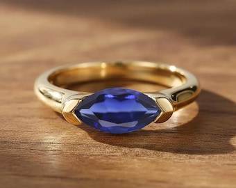 Marquise Blue Sapphire Ring, 14K Yellow Gold Minimalist Wedding Band, September Birthstone Gift