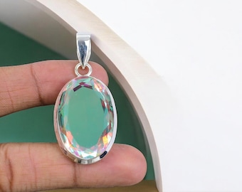 Handgemachter ovaler Engel Aura Quarz Anhänger: 925 Sterling Silber