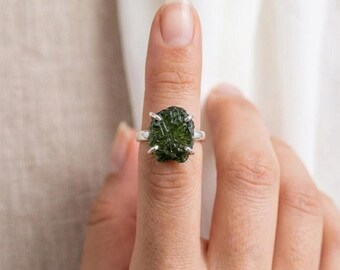 Raw Moldavite Sterling Silver Statement Ring – Handmade Crystal Jewelry