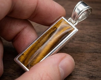 Natural Tiger Eye Pendant Necklace, Sterling Silver Tiger Eye Bar Pendant, Healing Crystal Jewelry, Protection Stone Necklace Gift Him Her