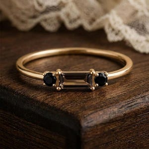 Smoky Quartz Black Onyx Gold Vermeil Ring – Baguette Gemstone Stacking Jewelry