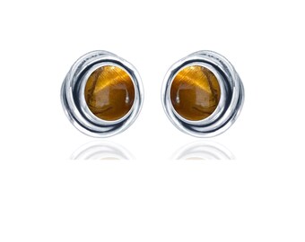 Tiger's Eye Stud Earrings: 925 Sterling Silver Gemstone Posts