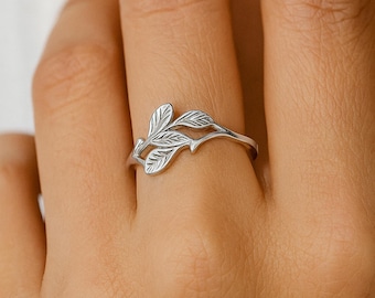 Sterling Silver Leaf Ring: Dainty Adjustable Botanical Jewelry