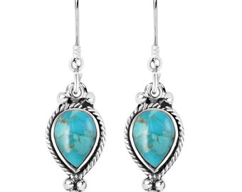 Handmade Sterling Silver Turquoise Drop Earrings: Boho Gemstone Jewelry