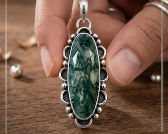 Natural Moss Agate Pendant Necklace 925 Sterling Silver Large Oval Green Gemstone Pendant Boho Vintage Nature Inspired Handmade Jewelry Gift