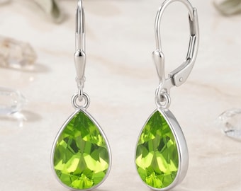 Peridot Pear Cut Dangle Earrings, Sterling Silver, August Birthstone Jewelry