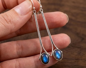 Labradorite Dangle Earrings, Silver Long Drop Earrings, Handmade Blue Flash Gemstone Earrings, Minimalist Statement Jewelry Gift for Women