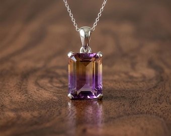 Emerald Cut Ametrine Pendant Necklace – Sterling Silver Bicolor Gemstone – Boho Minimalist Jewelry