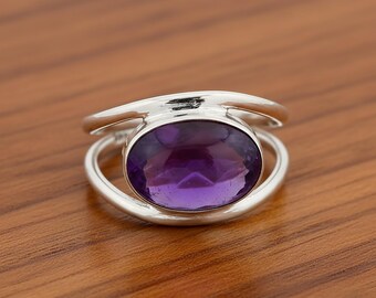 Anello In Argento 925 Con Ametista Naturale - Design Bohemien, Pietra Grezza, Regolabile, Da Regalo