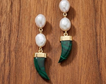 14K Gold Malachite Horn Pearl Drop Earrings, Boho Statement Jewelry