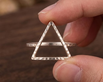 Sterling Silver Hammered Triangle Ring, Minimalist Geometric Open Band, Stacking Jewelry