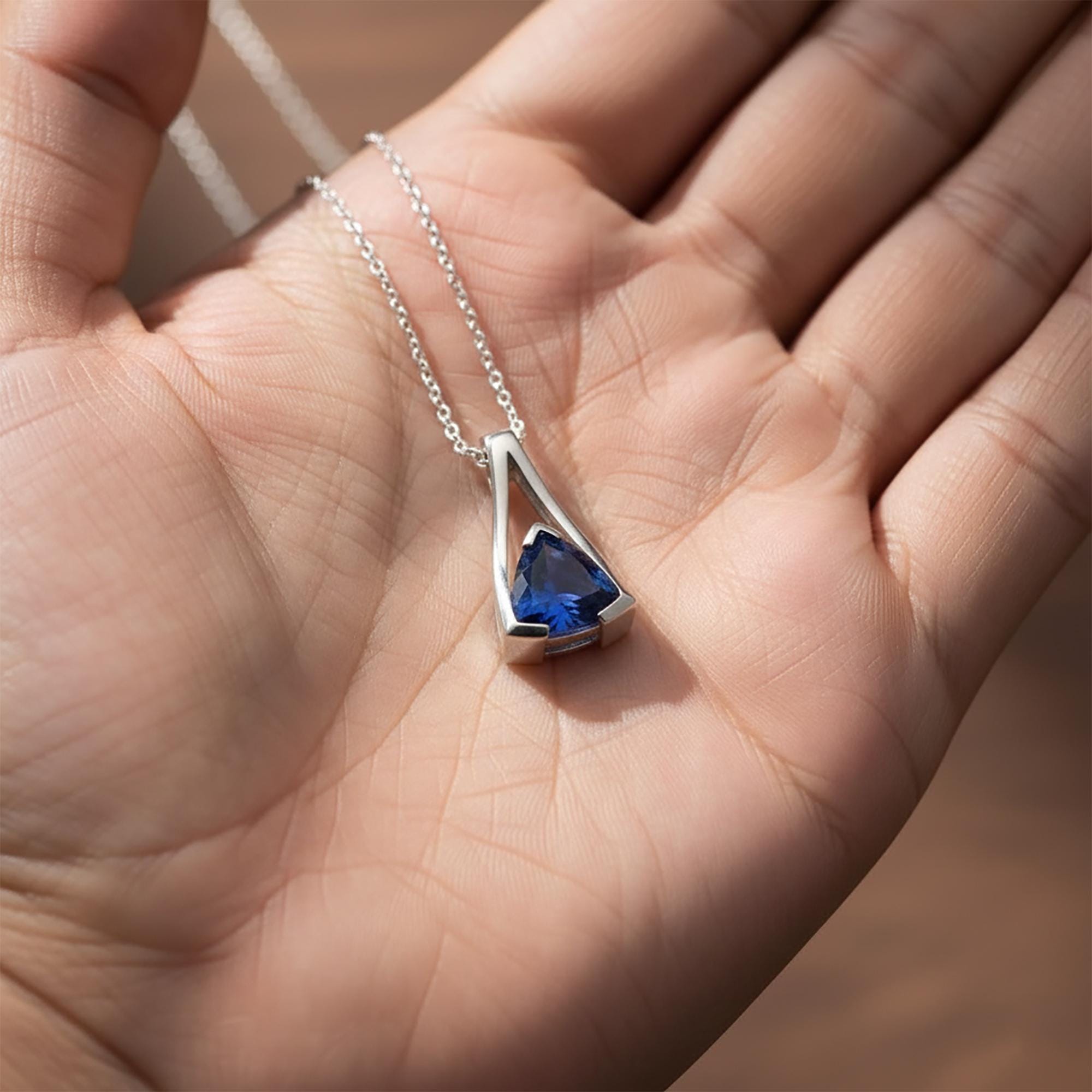 Blue Sapphire Quartz Pendant Necklace, Trillion Cut Blue Gemstone
