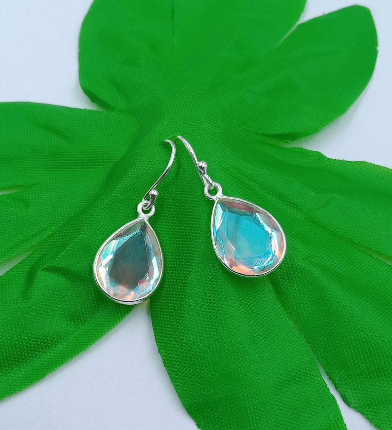 Angel Aura Quartz Teardrop Earrings, Handmade Earring, 925 Sterling Silver, Aura Quartz Earrings, Bezel Earring, Dangle Drop Earrings