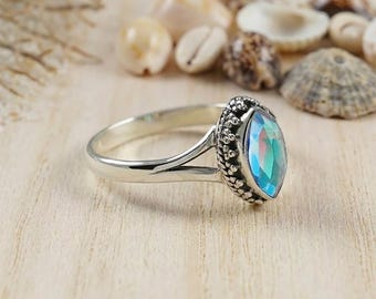 Pierścionek z kwarcem Angel Aura, pierścionek z markizą ze srebra próby 925, pierścionek z kryształem Boho, pierścionek z kamieniem szlachetnym Rainbow Aura, ręcznie robiony pierścionek obietnicy dla kobiet