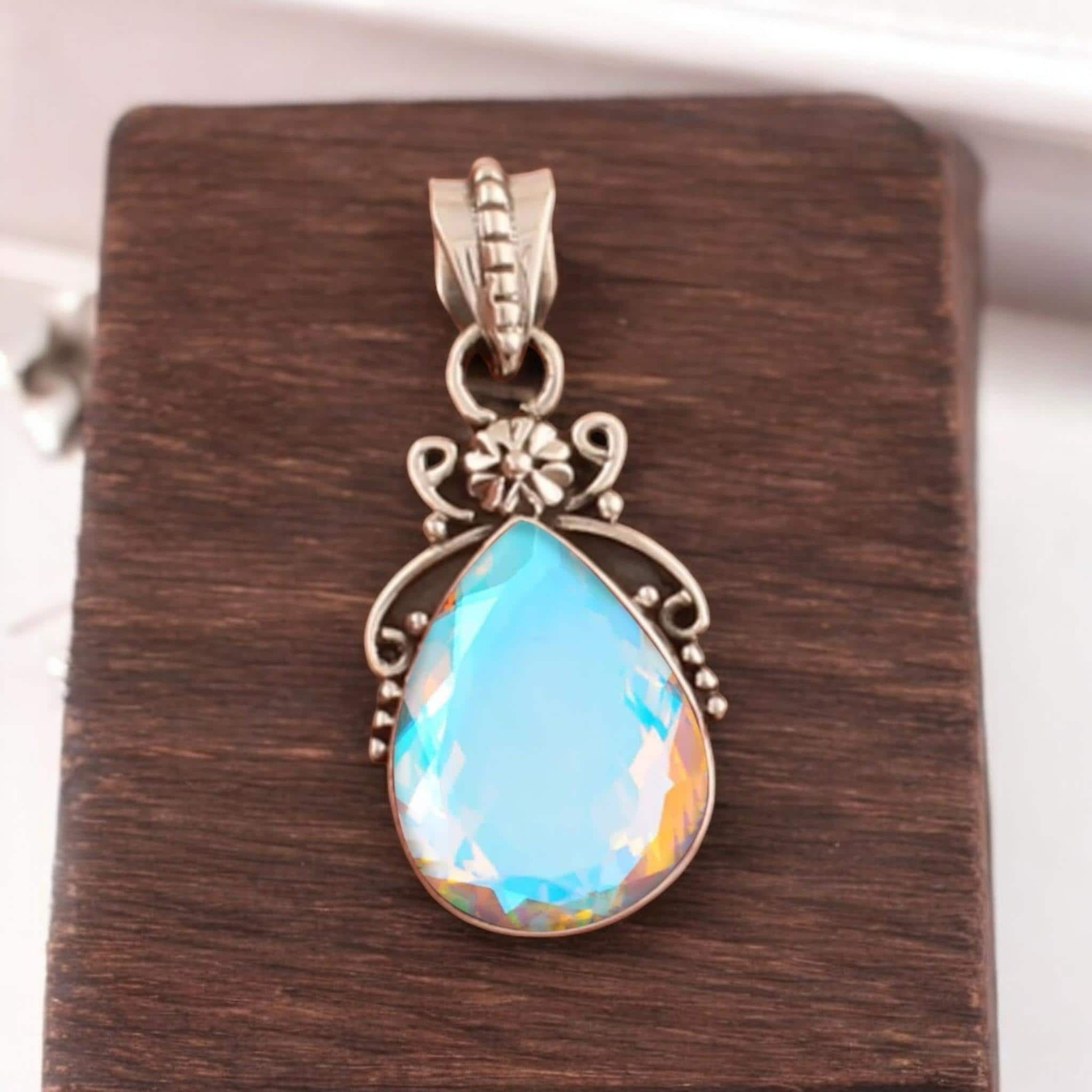Handmade Teardrop Angel Aura Quartz 925 Sterling Silver Pendant
