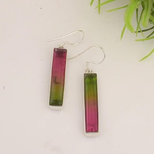 Puede incluir: Un par de pendientes de plata con piedras preciosas de turmalina verde y rosa. Las piedras preciosas son rectangulares y tienen un degradado de color.