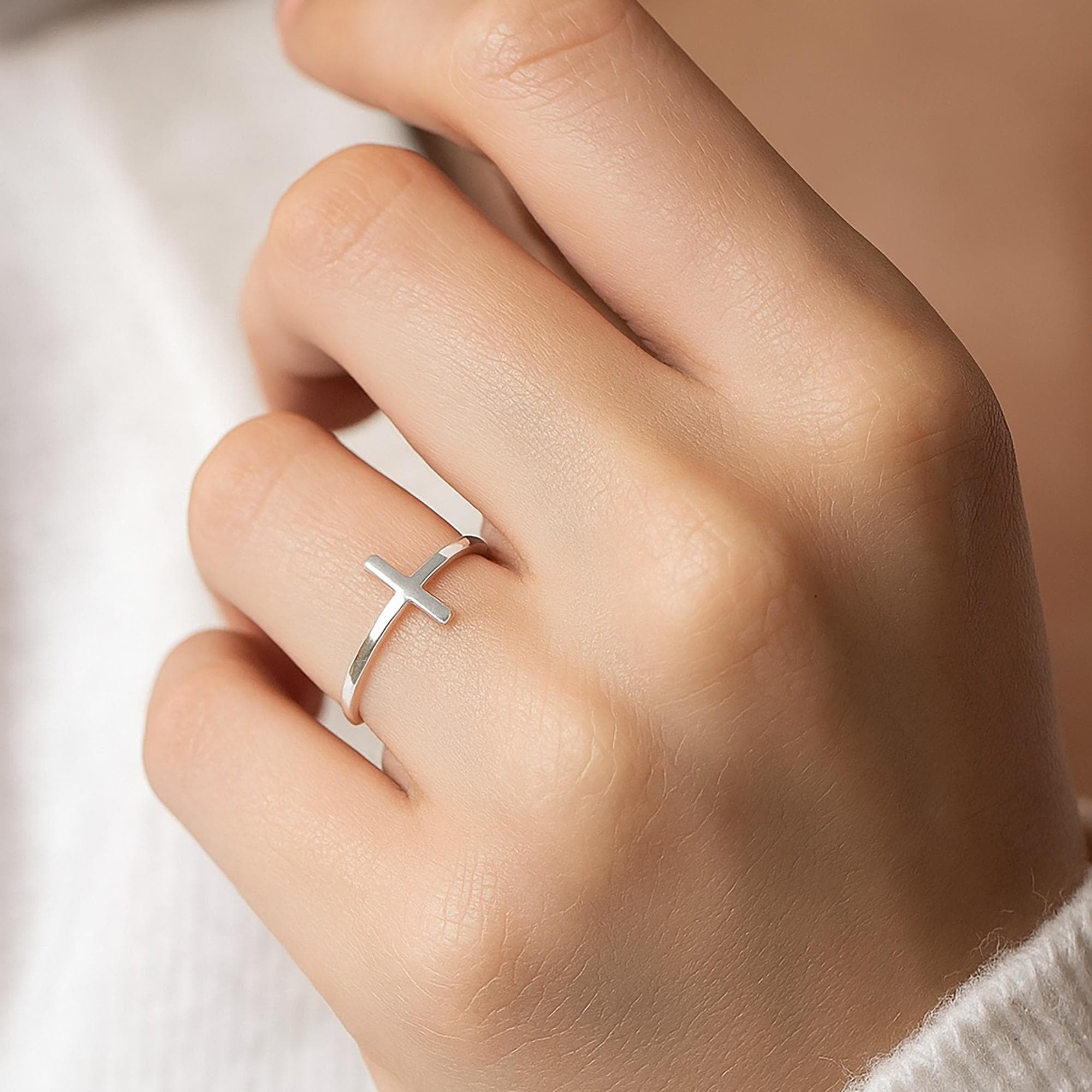 Sterling Silver Sideways Cross Ring: Minimalist Christian Jewelry