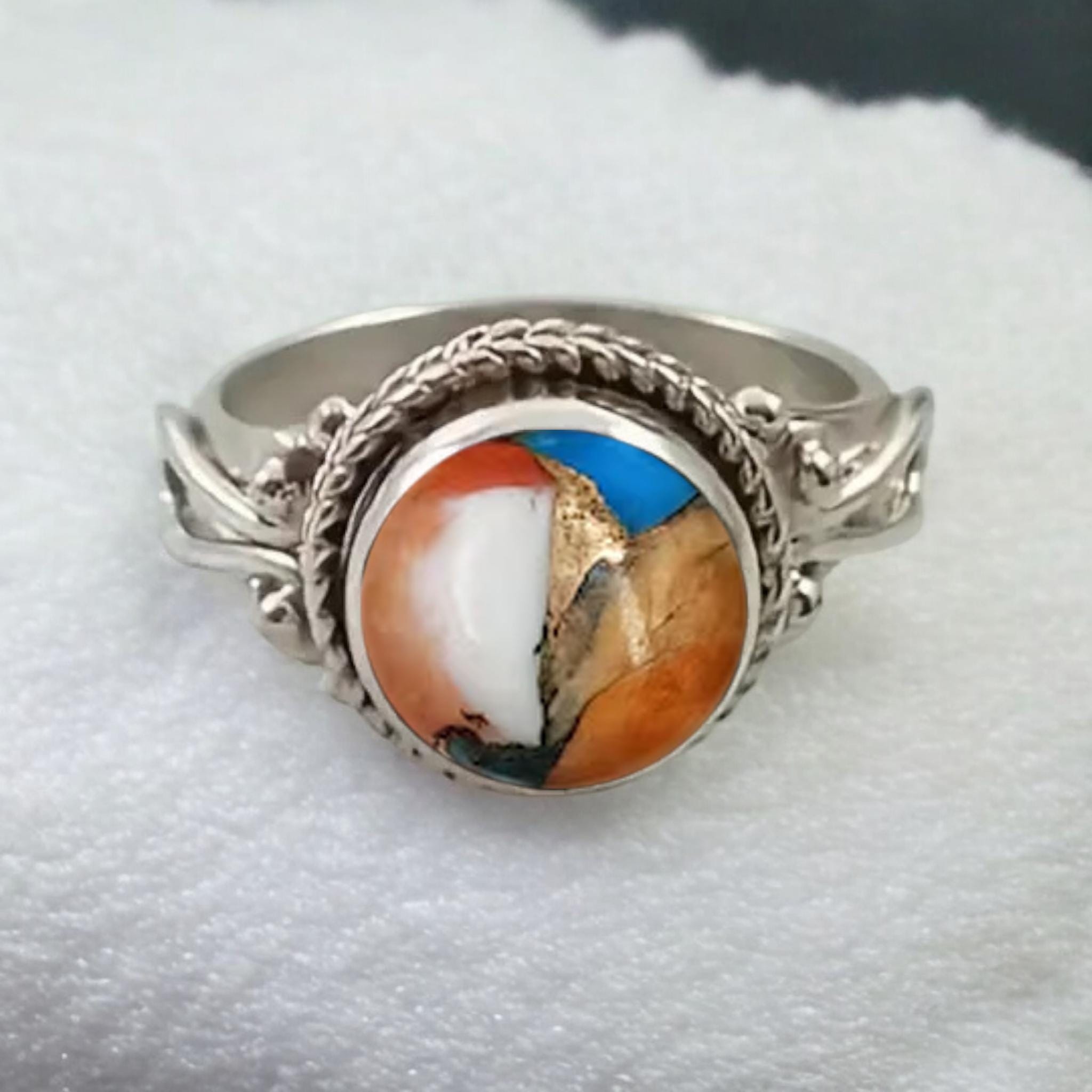 Handmade Spiny Oyster Copper Turquoise Ring: Sterling Silver Boho Jewelry