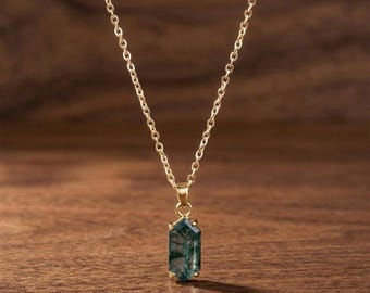 14K Gold Plated Hexagon Moss Agate Pendant Necklace | Nature Inspired Gemstone Jewelry