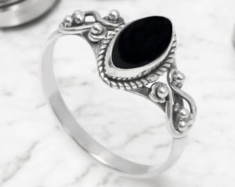 Handmade Marquise Black Onyx Ring: Oxidized 925 Sterling Silver Boho Ring