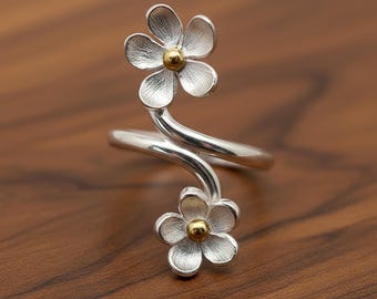 Ensemble collier et bague ajustable en argent 925 fleur - Ref 28958