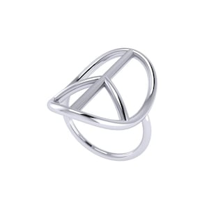 May include: A silver ring featuring a geometric design. The ring is crafted from two overlapping circles, one slightly larger than the other. The circles are joined by a thin bar.