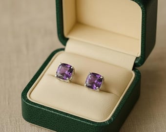 Puces d'oreilles coussin en améthyste | Bijoux en argent sterling avec pierre de naissance